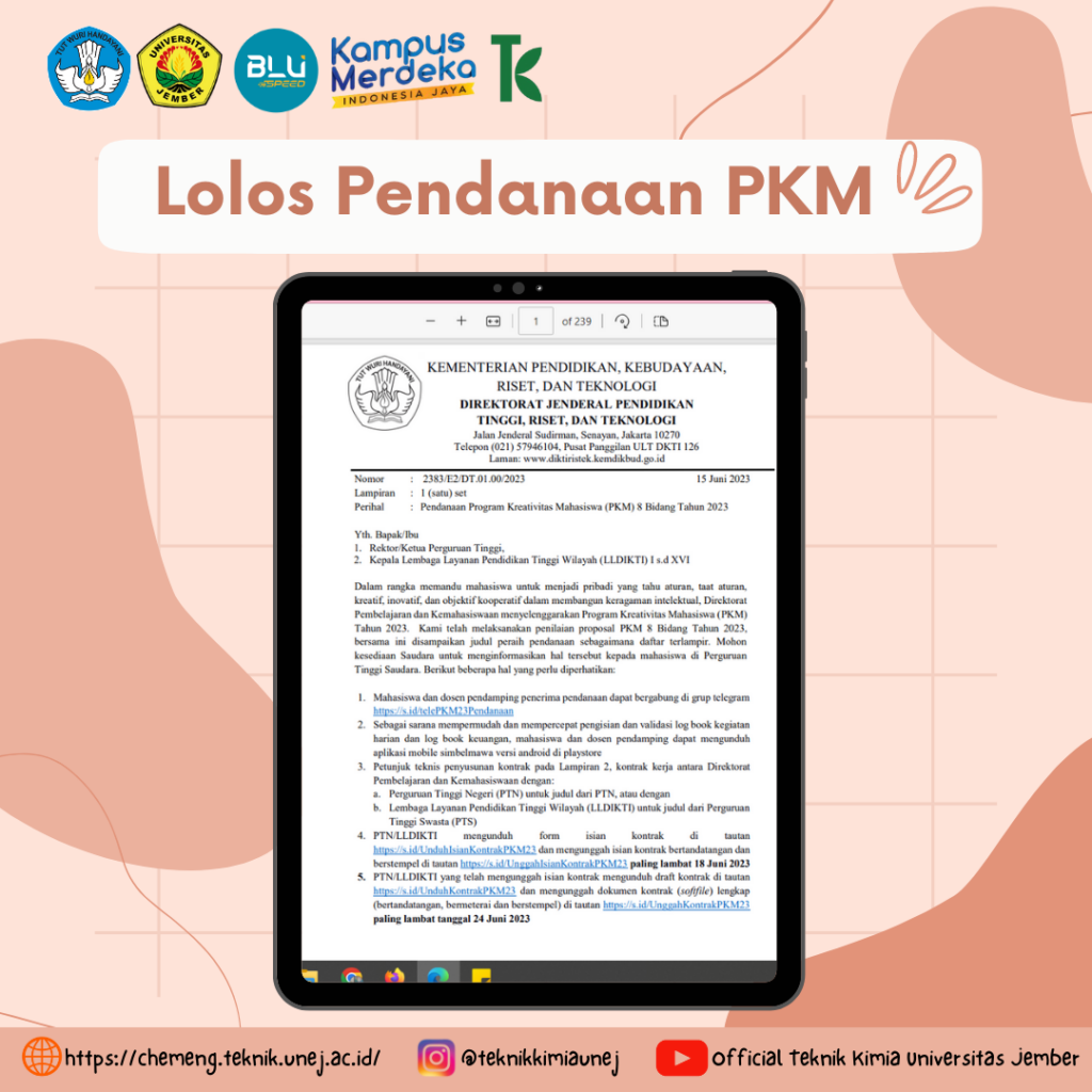 Tim Mahasiswa Prodi Teknik Kimia Unej Lolos Pendanaan Pkm Dikti